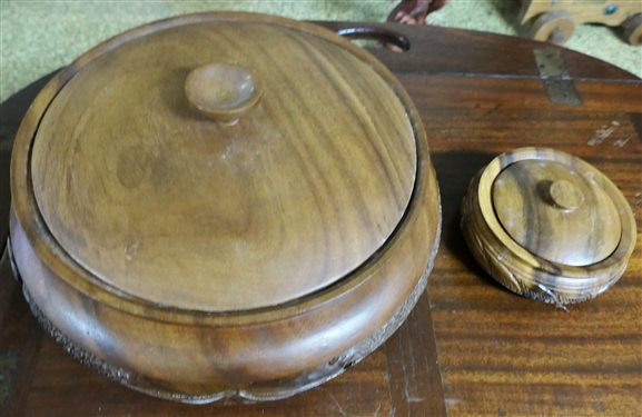 2 Wooden Island Carved Round Lidded Boxes - Largest Measures 6 tall 12 Across, Smaller 6 Across