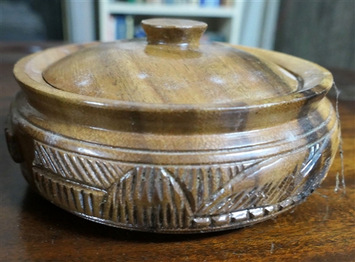 2 Wooden Island Carved Round Lidded Boxes - Largest Measures 6 tall 12 Across, Smaller 6 Across