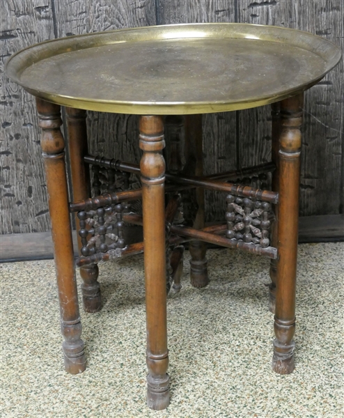 Engraved Brass Tray Table with Folding Wood Base - Tray Top Measures 22 1/2" Across 21 1/2" Tall 