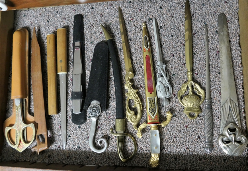 12 Letter Openers including German Solingen in Leather Holder with Matching Scissors, Wood Handled Japan, Linbar with Knife Handle, Sword Style, Brass with Thistle, and Face Signed Leroy