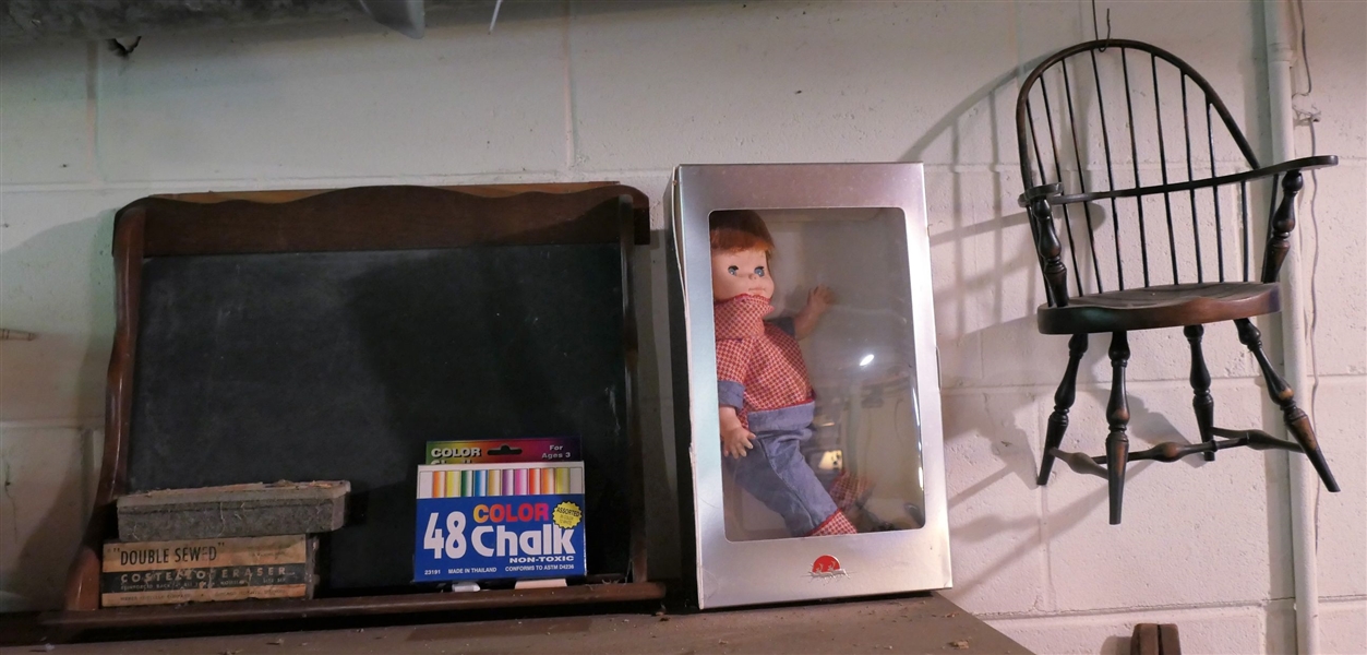 Doll Windsor Chair, Wood Chalkboard with Chalk and Dall in Denim and Red Gingham Outfit - Chalk Board Measures 12 1/2" by 17"