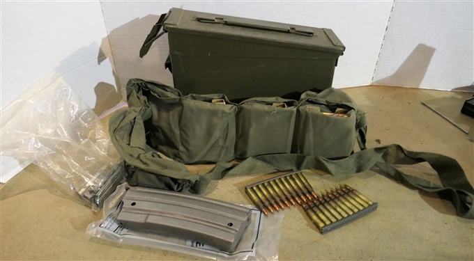 Ammo Lot including  Vietnam Canvas Pouch with Stripper Clips and Bullets, AR 15 Magazine all in Metal Can