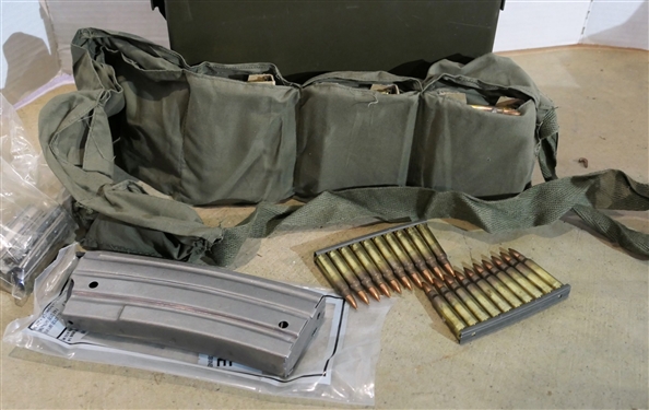 Ammo Lot including  Vietnam Canvas Pouch with Stripper Clips and Bullets, AR 15 Magazine all in Metal Can