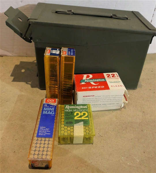 Metal Ammo Can with Full Brick of .22 Long Rifle Bullets, .22 Long Rifle Mini Mag  - Full Box, Remington .22 Long Rifle Full Box, and 2 Partial Boxes