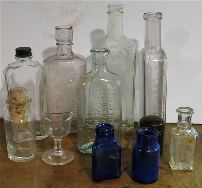 Lot of Medicine Bottles, Cobalt Bottles, Wood Wrapped Ink Bottle, and Eye Wash -Bottles include HG Williams Norfolk VA with Chip and Groves St. Louis 