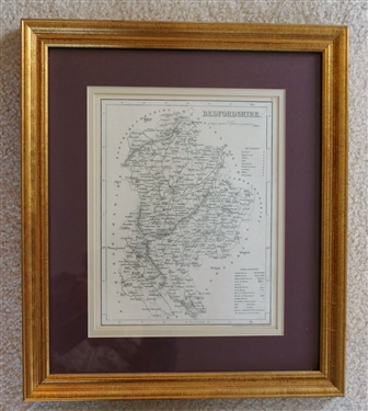 Circa 1843 Map of Bedfordshire, England by J. Archer, Bentonville, London - Framed and Matted with Authentication Information on Reverse - Frame Measures 15 1/4" by 13 1/4"