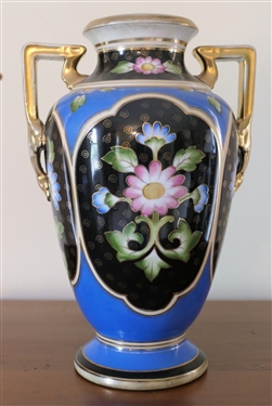Beautiful Hand Painted Nippon Double Handled Vase - Pink and Blue Flowers - Measures 12" tall 8" Handle to Handle