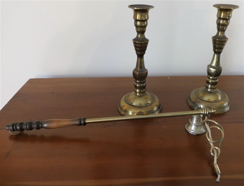 Pair of 8" Brass Candle Sticks and Unusual Brass and Wood Candle Lighter and Snuff Combination