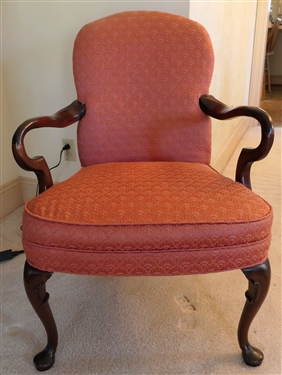 Mahogany Queen Anne Style Arm Chair with Coral Shell Upholstery - Chair Measures 36" tall 25" by 19" 