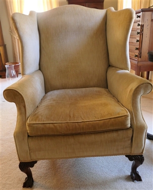 Ball and Claw Foot Wing Back Arm Chair - Cream Velvet Upholstery - Measures 42 1/2" tall 33" by 27"