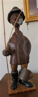 Handmade in Italy Wood Carved Fisherman Holding a Fishing Rod with Boot - Statue Measures 12 1/2" Tall 