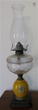 Oil Lamp with Press Glass Font - Reverse Painted Chicks on Base - Measures 12" to Burner