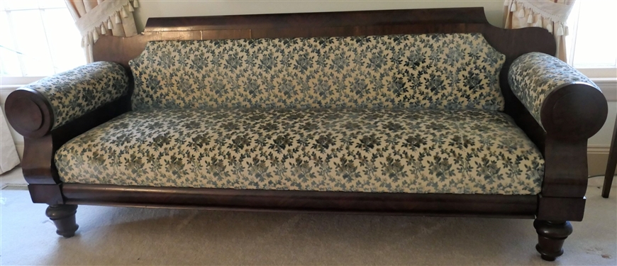 Southern Mahogany Veneered Sofa with Rolled Arms - Pine Wood Back and Secondary Wood - Blue Floral Upholstery - From Alston Plantation - Measures 83" Long 23" Deep