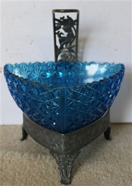Triangular Blue Daisy and Button Brides Basket in Silverplate Holder with Flowers and Cherubs - Measures 8" Tall 8" by 8" 