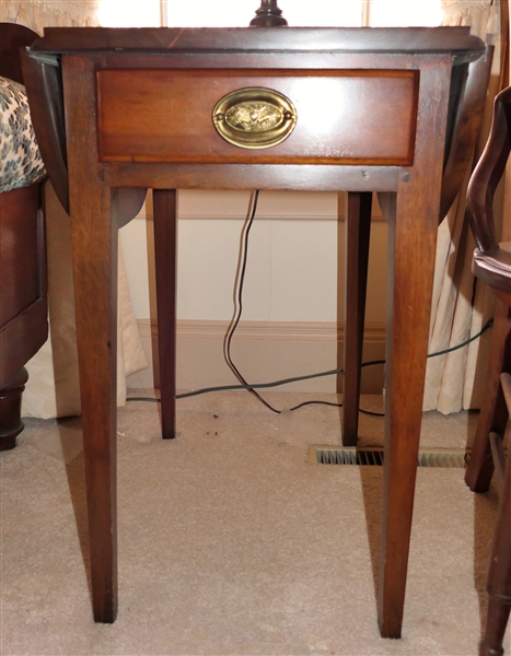 Mahogany Pembroke Style Drop Side Table with Drawer - Brass Federal Style Pull  -Measures 26 1/2" tall 15" by 22" Leaves Measure 8 1/2"