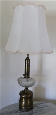 Antiqued Brass and Glass Table Lamp -Reeded Trim Around Bottom - Measures 22 1/2" Tall 