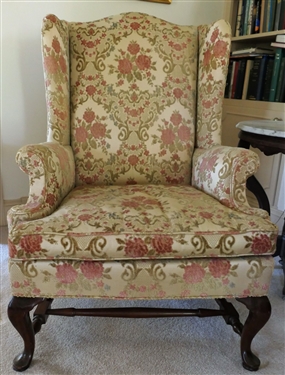 Hickory Chair Company Queen Anne Style Arm Chair with Floral Velvet Upholstery - Measures 43" tall 30" by 26"
