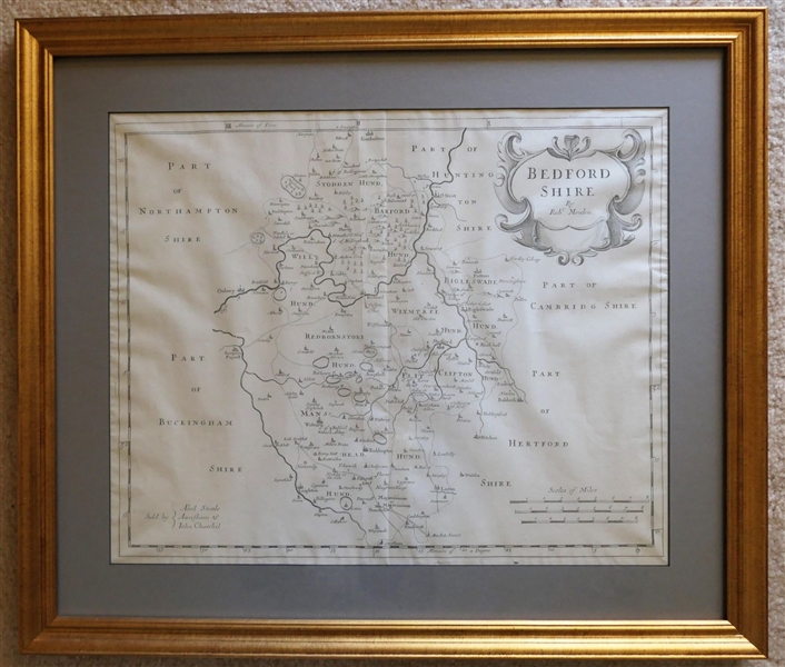 Circa 1695 Map of Bedford Shire, England by Robt. Morden - Pencil Dated on Reverse Per Information Sticker on Back of Frame  - Framed and Matted - Frame Measures 18" by 21" 