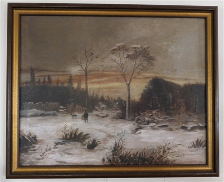 Winter Scene Oil On Canvas Painting - Boy with Dog - Framed - Frame Measures 27 by 33 