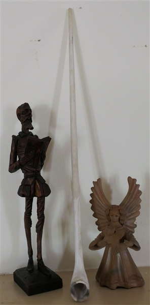 Wood Carved Don Quixote Statue, Clay Pipe, and Angel - Wood Carving Measures 10 1/2" Tall 