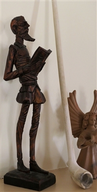 Wood Carved Don Quixote Statue, Clay Pipe, and Angel - Wood Carving Measures 10 1/2 Tall 