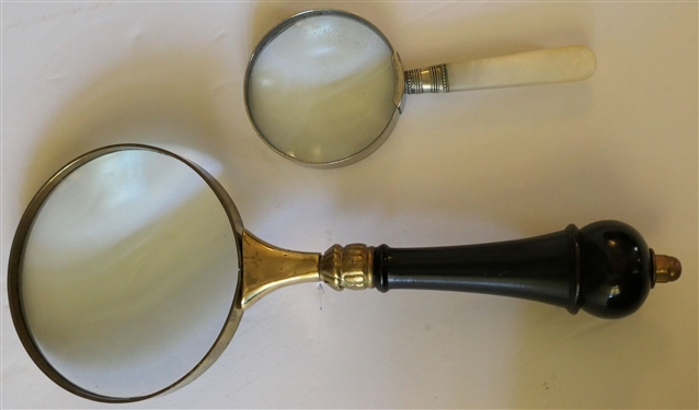 2 Magnifying Glasses - Brass with Wood Handle and Mother of Pearl Handle - Brass Measures 10 1/4 Long