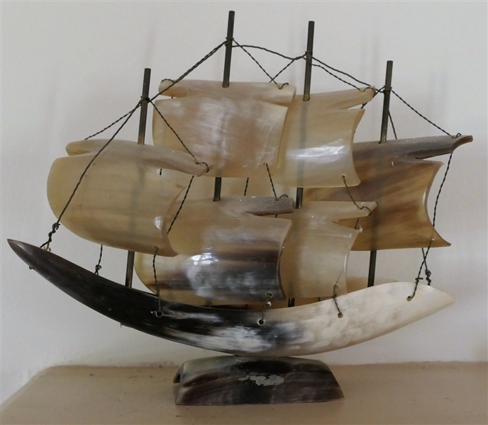 Horn Carved Schooner Ship - Measuring 7 1/2" tall 8 1/2" Long