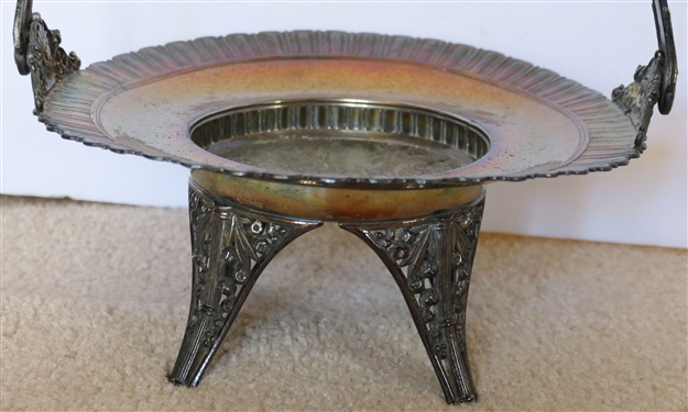 Silver Plate Brides Basket - Floral Engraved Center - Pierced Feet and Handle - Measures 9 1/2 Across 4 Tall Not Including Handle