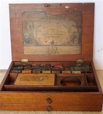 Reeves & Sons Colour - Ornamental Stationers To His Majesty  - London - Colour Kit with Colors, Paint Pots, and Brushes - Original Label on Inside of Wood Box - Original Key - Box Measures 3 tall...