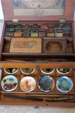 Reeves & Sons Colour - Ornamental Stationers To His Majesty  - London - Colour Kit with Colors, Paint Pots, and Brushes - Original Label on Inside of Wood Box - Original Key - Box Measures 3 tall...