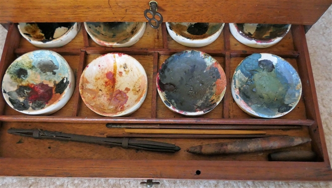 Reeves & Sons Colour - Ornamental Stationers To His Majesty  - London - Colour Kit with Colors, Paint Pots, and Brushes - Original Label on Inside of Wood Box - Original Key - Box Measures 3 tall...