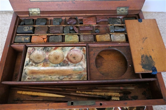 Reeves & Sons Colour - Ornamental Stationers To His Majesty  - London - Colour Kit with Colors, Paint Pots, and Brushes - Original Label on Inside of Wood Box - Original Key - Box Measures 3 tall...