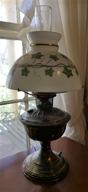 Brass Aladdin Oil Lamp - Converted to Electric with Hand Painted Milk Glass Shade - Lamp Measures 21 Tall 