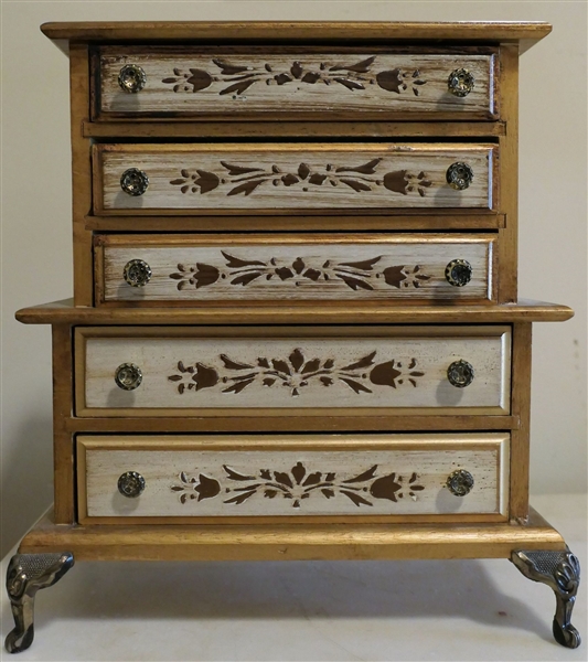 Musical Jewelry Chest - Gold and Cream Painted with Brass Feet - Plays "Speak Softly Love" from Godfather - Measures 10 1/2" tall 9 1/2" by 5" 