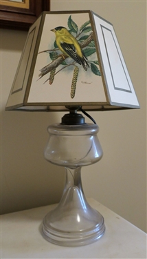 Clear Glass Oil Lamp - Converted to Electric with Hexagon Shaped Bird Shade - Measures 16 Tall 