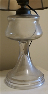 Clear Glass Oil Lamp - Converted to Electric with Hexagon Shaped Bird Shade - Measures 16 Tall 