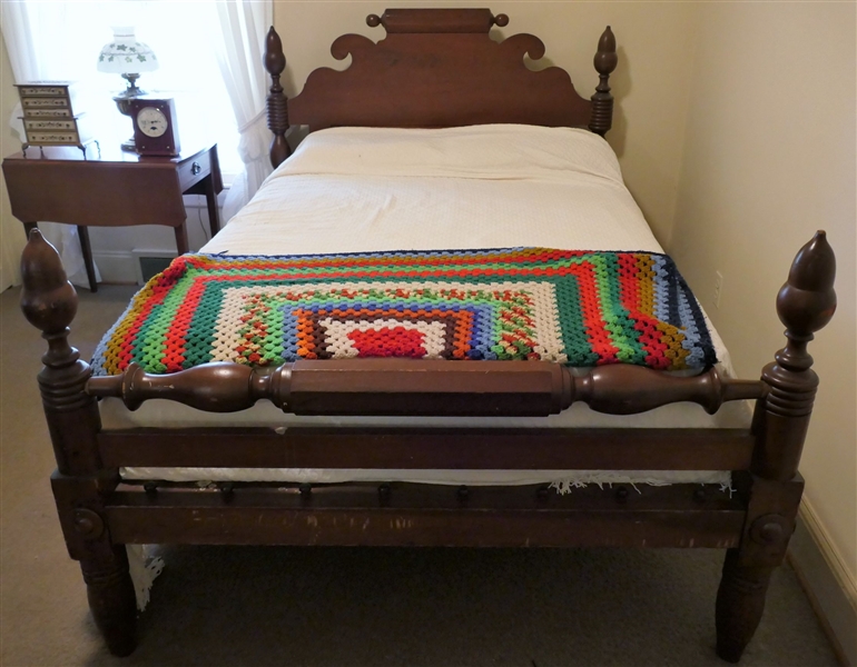 Nice Warren County, NC Pine Rope Bed  with Large Acorn Finials - Rolling Pin Top - Has Been Converted To Full Size