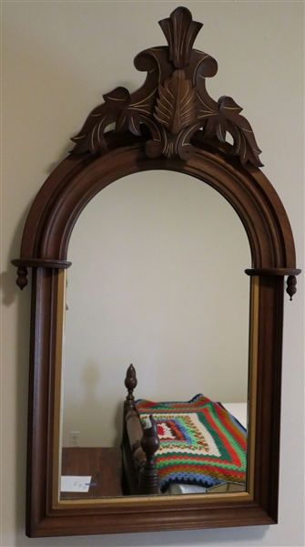 Beautiful Walnut Victorian Mirror with Carved Crest - Measures 37" by 22 1/2"