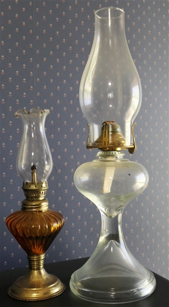 2 Oil Lamps - Small with Amber Font Measures 9 3/4" Tall including Chimney 