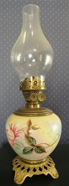Hand painted Double Burner Oil Lamp with Pink Rose - Measures 10 1/2" to Burner