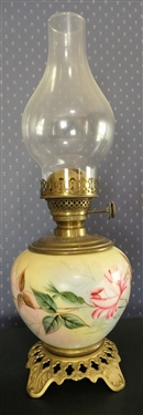 Hand painted Double Burner Oil Lamp with Pink Rose - Measures 10 1/2 to Burner