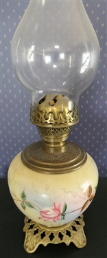 Hand painted Double Burner Oil Lamp with Pink Rose - Measures 10 1/2 to Burner