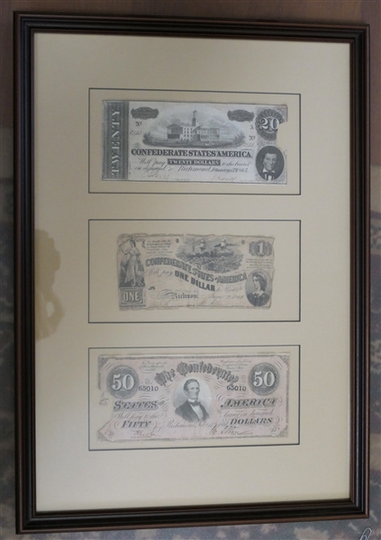 Framed and Matted Richmond Virginia Confederate Money - Twenty Dollar Bill, One Dollar, and Fifty Dollars - Frame Measures 19" by 13 1/4" 
