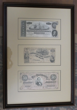 Framed and Matted Richmond Virginia Confederate Money - Twenty Dollar Bill, One Dollar, and Fifty Dollars - Frame Measures 19 by 13 1/4 