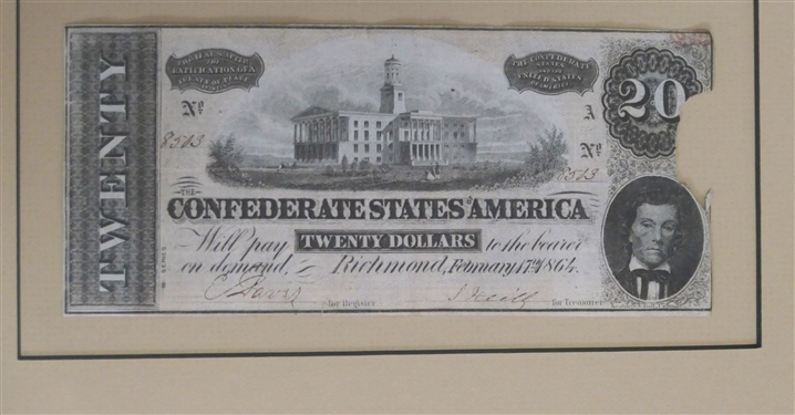 Framed and Matted Richmond Virginia Confederate Money - Twenty Dollar Bill, One Dollar, and Fifty Dollars - Frame Measures 19 by 13 1/4 