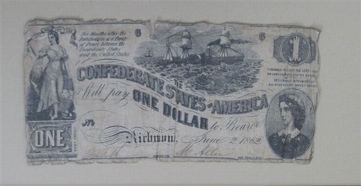 Framed and Matted Richmond Virginia Confederate Money - Twenty Dollar Bill, One Dollar, and Fifty Dollars - Frame Measures 19 by 13 1/4 