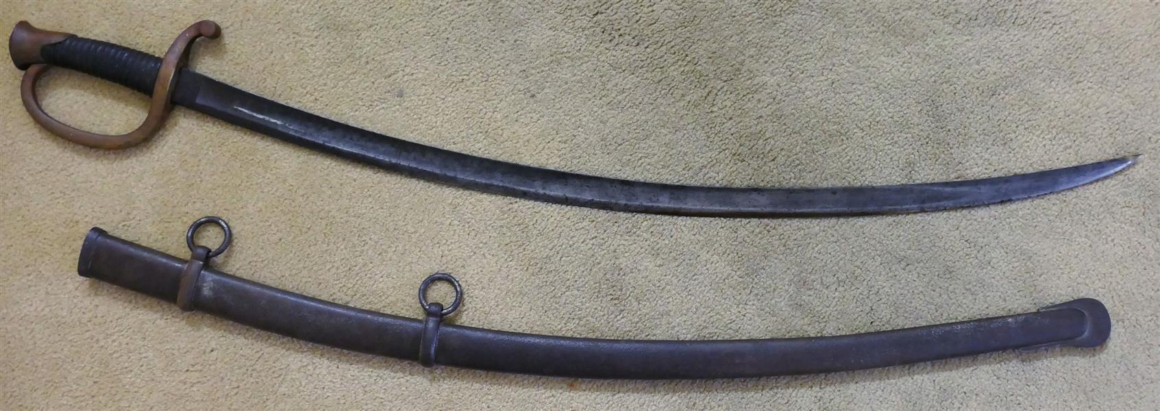 Ames Manufacturing Company Civil War Model 1840 Light Artillery Saber with Scabbard - Guard Marked - A.D.K.  And 18 - Scabbard Has 2 Rings - Blade Measures  32" Long 