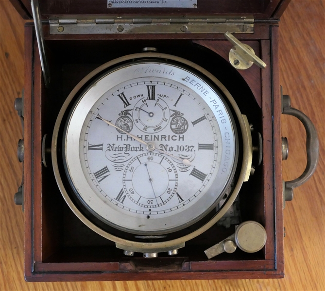 Circa 1896 Eight-Day Marine Chronometer Marked H.H. Heinrich, New York # 1037 - in Mahogany Box w/Brass Carrying Handles, John Bliss & Co. Label - Box Measures 6 3/4" tall 7 1/2" by 7 1/2" - With...