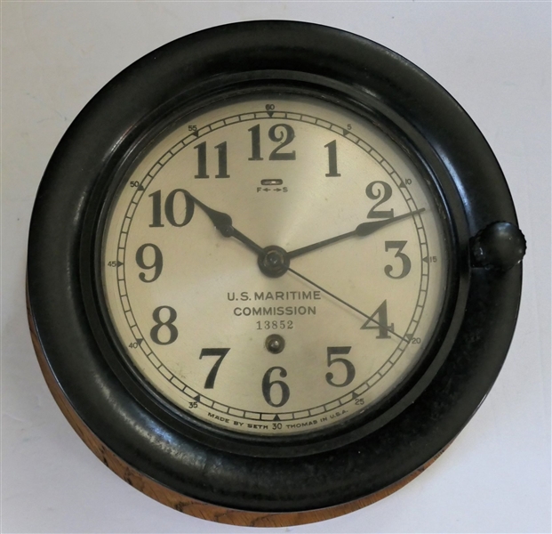 WWII Bakelite Seth Thomas U.S. Maritime Commission Ships Clock - Number 13852 - Mounted on Oak Plaque - Clock Measures7 3/4" Across