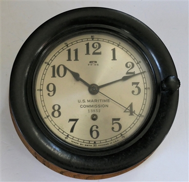 WWII Bakelite Seth Thomas U.S. Maritime Commission Ship's Clock - Number 13852 - Mounted on Oak Plaque - Clock Measures7 3/4 Across